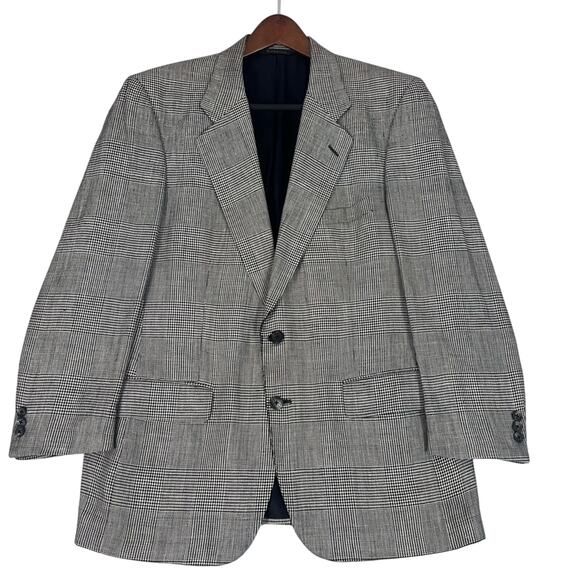 Vintage Burberry’s Silk Blazer 42R Sport Coat Houndstooth Windowpane Black White - Picture 1 of 13